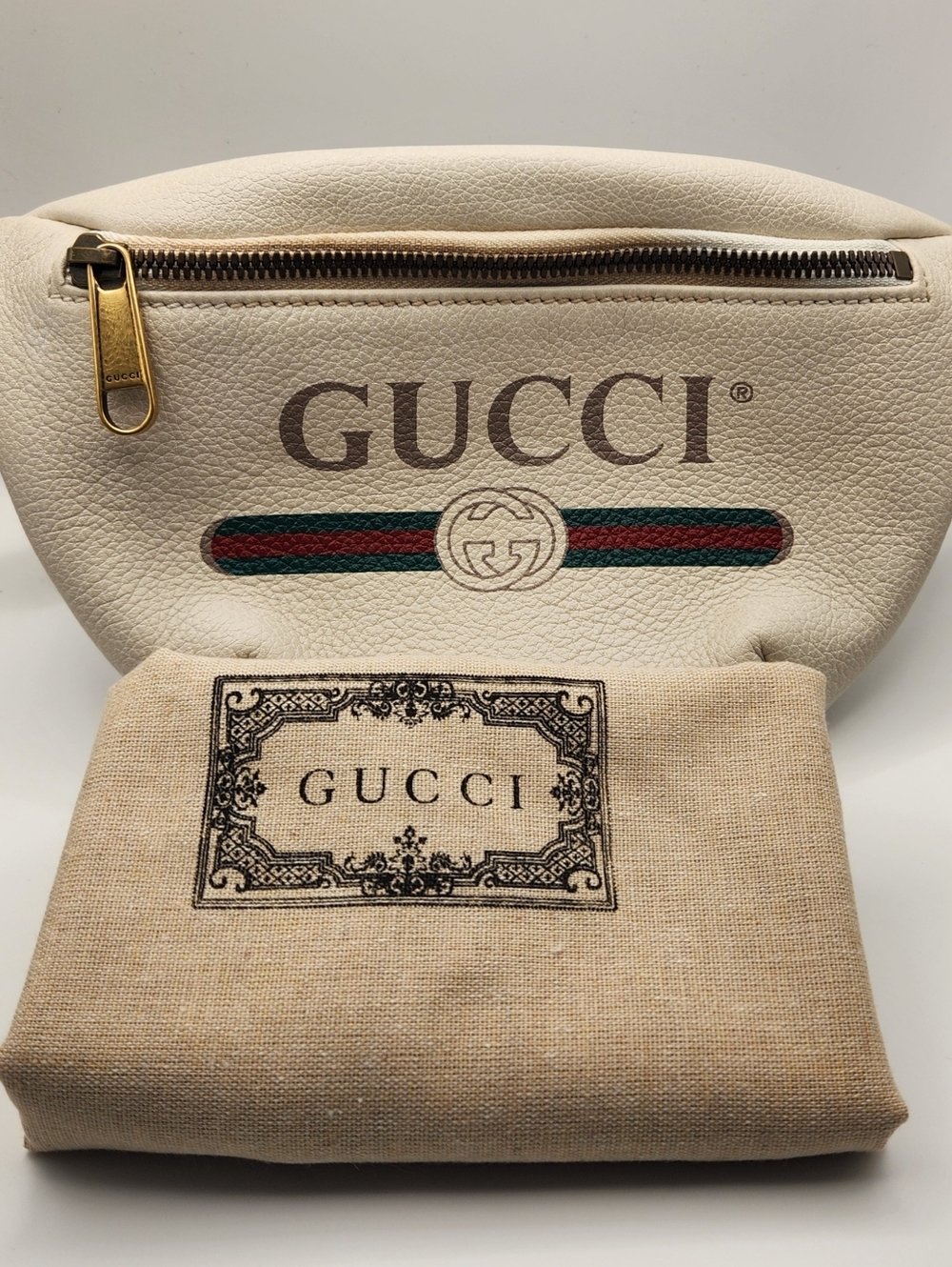 GUCCI Cream Leather Belt Bag with Signature Web Stripe & Dustbag